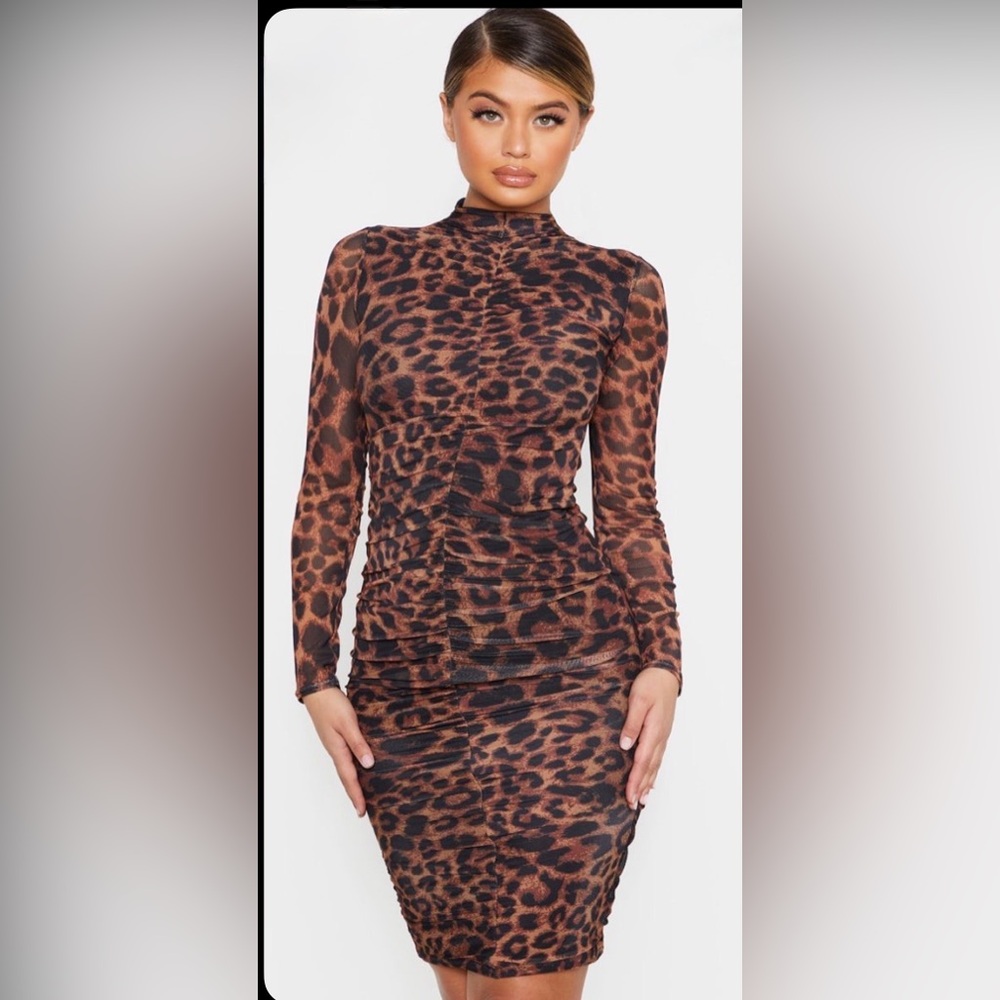 PrettyLittleThing Brown and Black Animal Print Long Sleeve Dress size 10